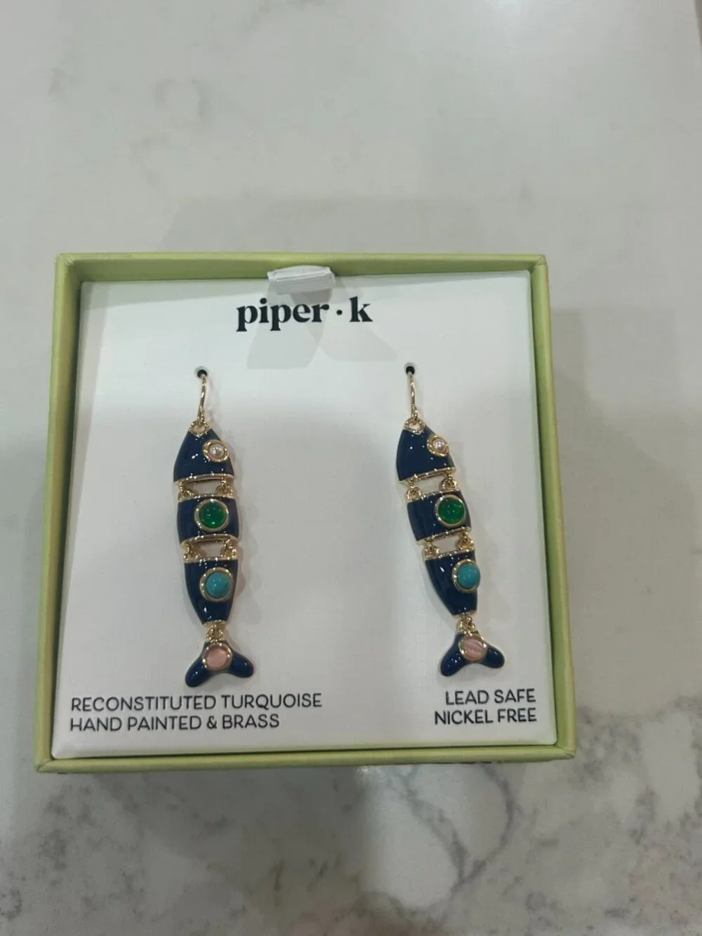 Piper K Fish Drop Earrings Hand Painted Brass Reconstituted Turquoise - Picture 3 of 3
